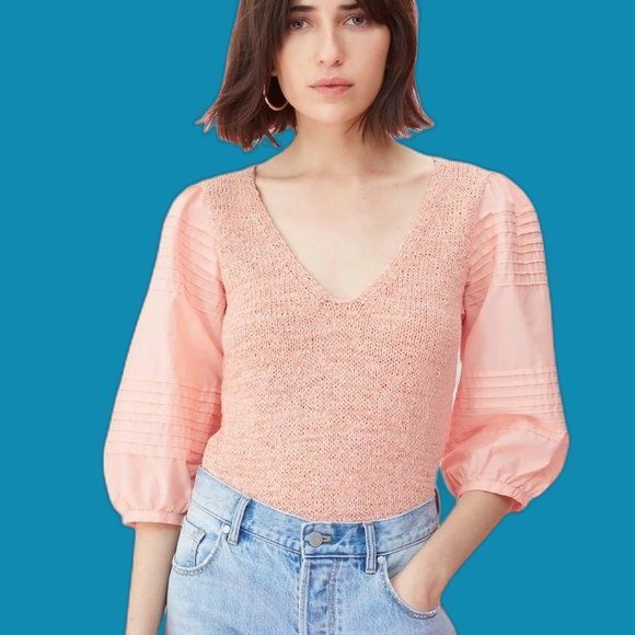 la vie rebecca taylor poplin blouse babydoll top peach pink knit v-neck preppy - Picture 5 of 14